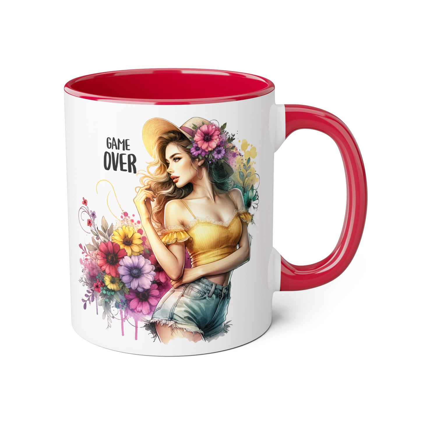 Game Over Floral Accent Mug, Gift for Gamers, Coffee Tea Cup, Home Decor, Birthday, Celebration, Unique Mug