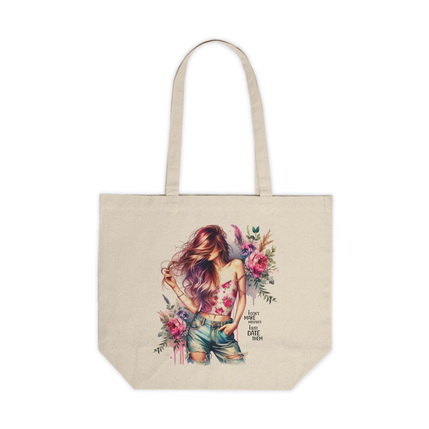 I Don`t Make Mistakes, I Just Date Them Floral Boho Canvas Shopping Tote, Eco-Friendly Grocery Bag, Reusable Tote, Beach Bag, Gift for Her, Bohemian Tote Bag