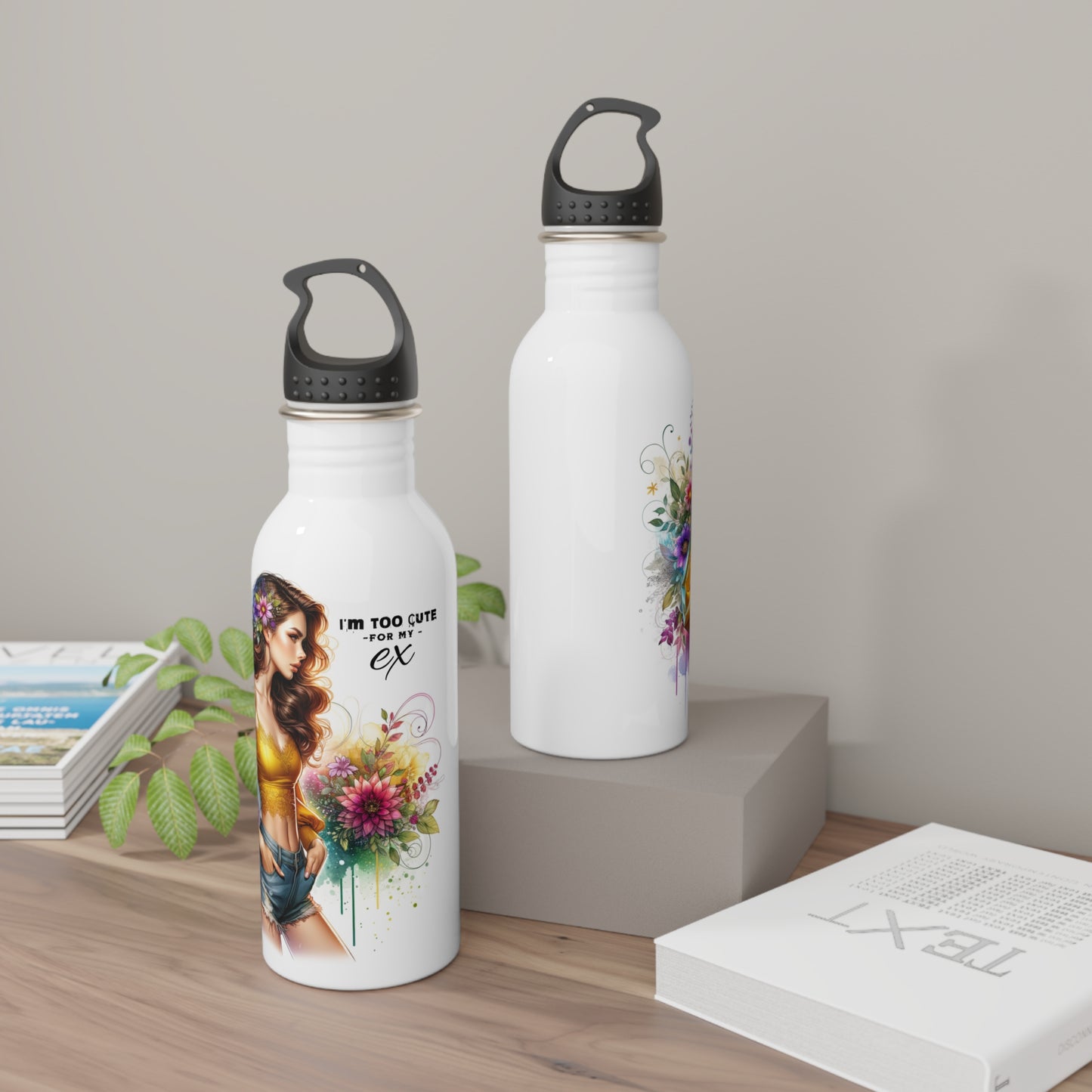 I'm Too Cute For My Ex Stylish Water Bottle with Floral Design, Inspirational Gift, Perfect for Fitness, Travel, Eco-Friendly, Motivational