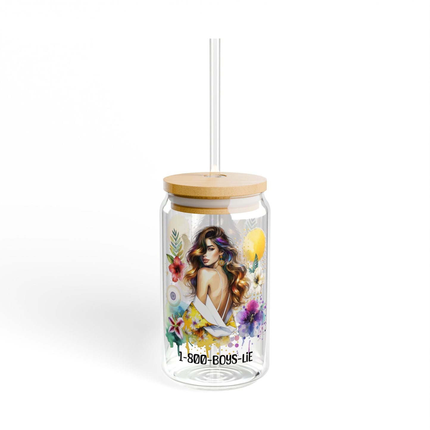 1-800-Boys-Lie Floral Sipper Glass, Vibrant Drinkware for Boss Babes, 16oz Stylish Water Bottle, Gift for Her, Home or Office Decor