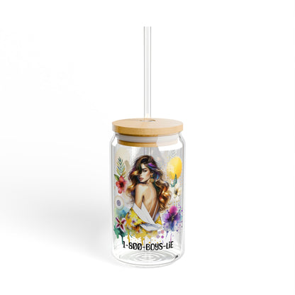 1-800-Boys-Lie Floral Sipper Glass, Vibrant Drinkware for Boss Babes, 16oz Stylish Water Bottle, Gift for Her, Home or Office Decor