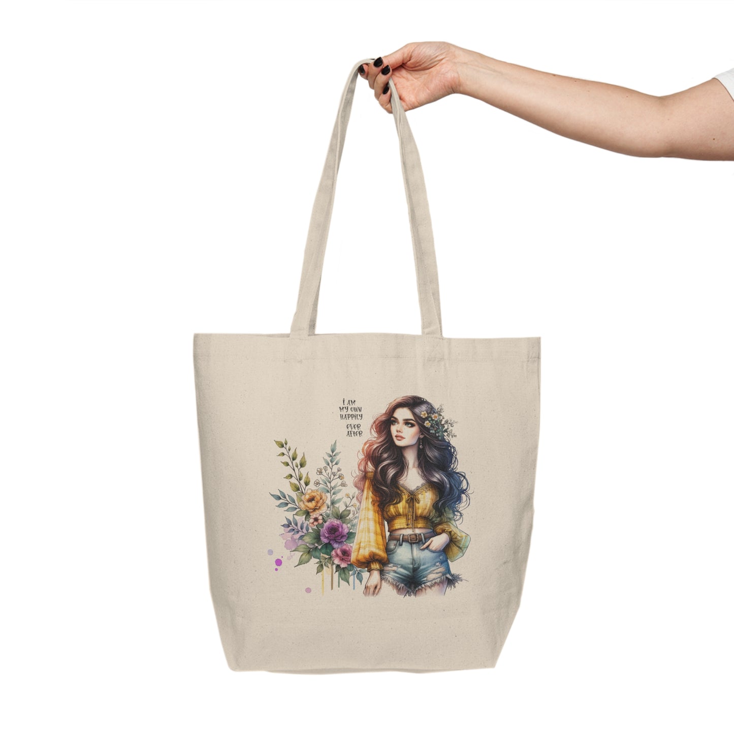 I Am My Own Happily Ever  After Boho Floral Canvas Tote Bag, Eco-Friendly Shopping Bag, Beach Bag, Gift for Her, Summer Tote, Inspirational Quote Tote