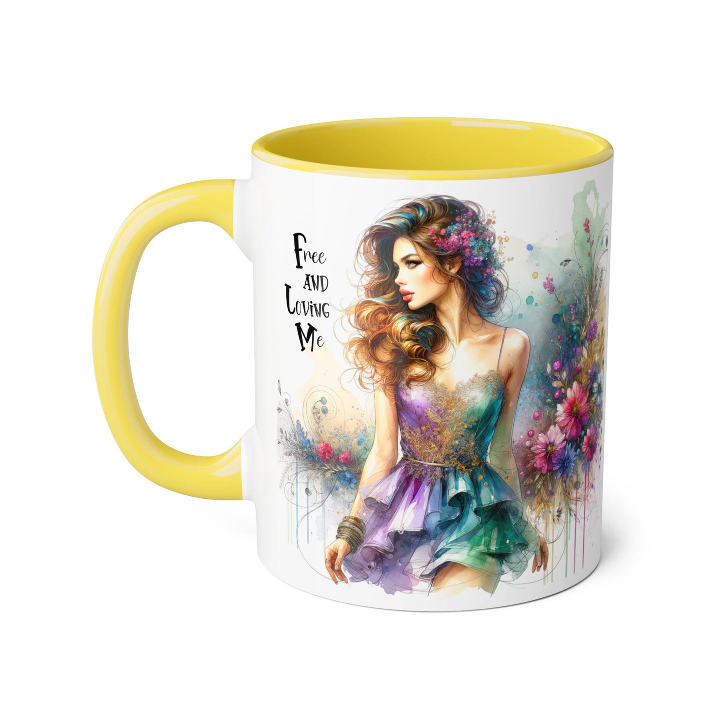 Artistic Floral Accent Mug - "Free and Loving Me" - Inspirational Coffee Cup, Gift for Her, Unique Home Decor, Special Occasion