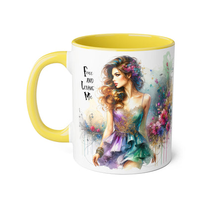 Artistic Floral Accent Mug - "Free and Loving Me" - Inspirational Coffee Cup, Gift for Her, Unique Home Decor, Special Occasion