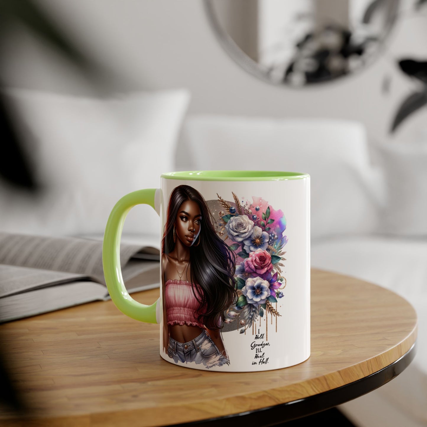 I Hold Grudges, I'll Heal in Hell  Humoristic Bohemian Floral Accent Mug, Stylish Coffee Cup, Ideal for Gifting, Home Decor, Motivational Quote Mug, Perfect for Every Occasion