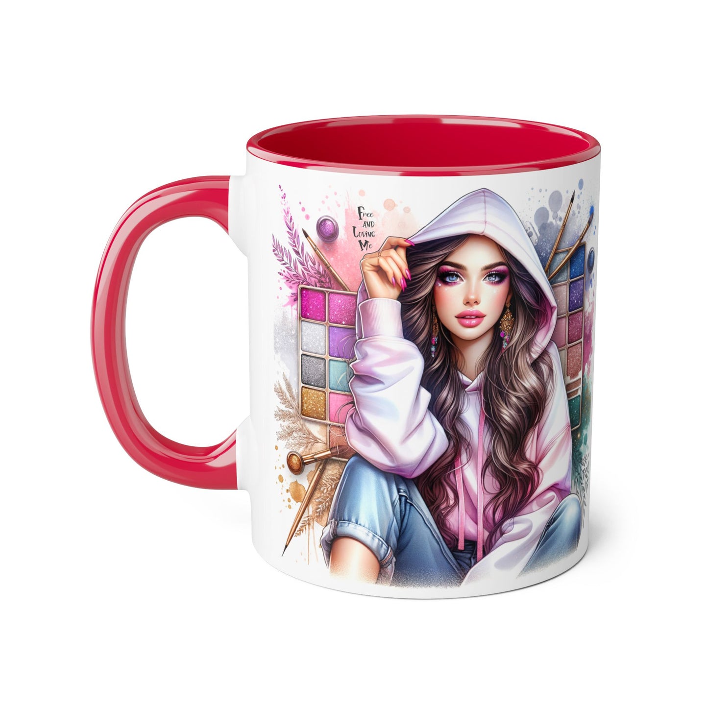 Free and Loving Me Artistic Accent Mugs, Fashionista Gift, Makeup Artist Coffee Cup, Unique Artistic Mug, Stylish Beverage Container, Creative Decor