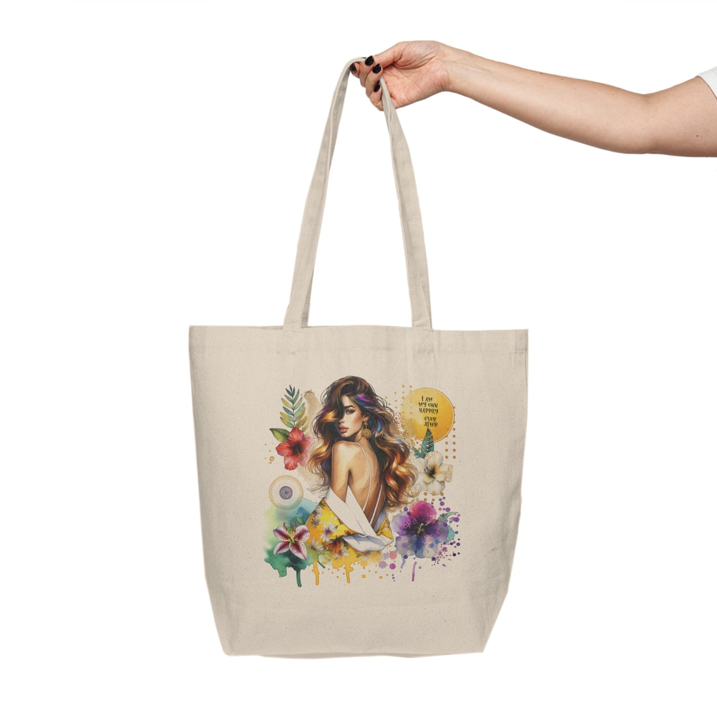 I Am My Own Happily Ever  After Beautiful Floral Canvas Shopping Tote Bag, Eco-Friendly, Reusable Grocery Bag, Perfect for Gifts, Beach or Everyday Use