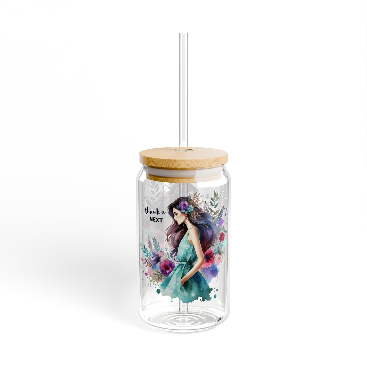 Thank U, Next Floral Sipper Glass with Bamboo Lid, 16oz, Eco-friendly Drinkware for Home, Gifts, and Celebrations
