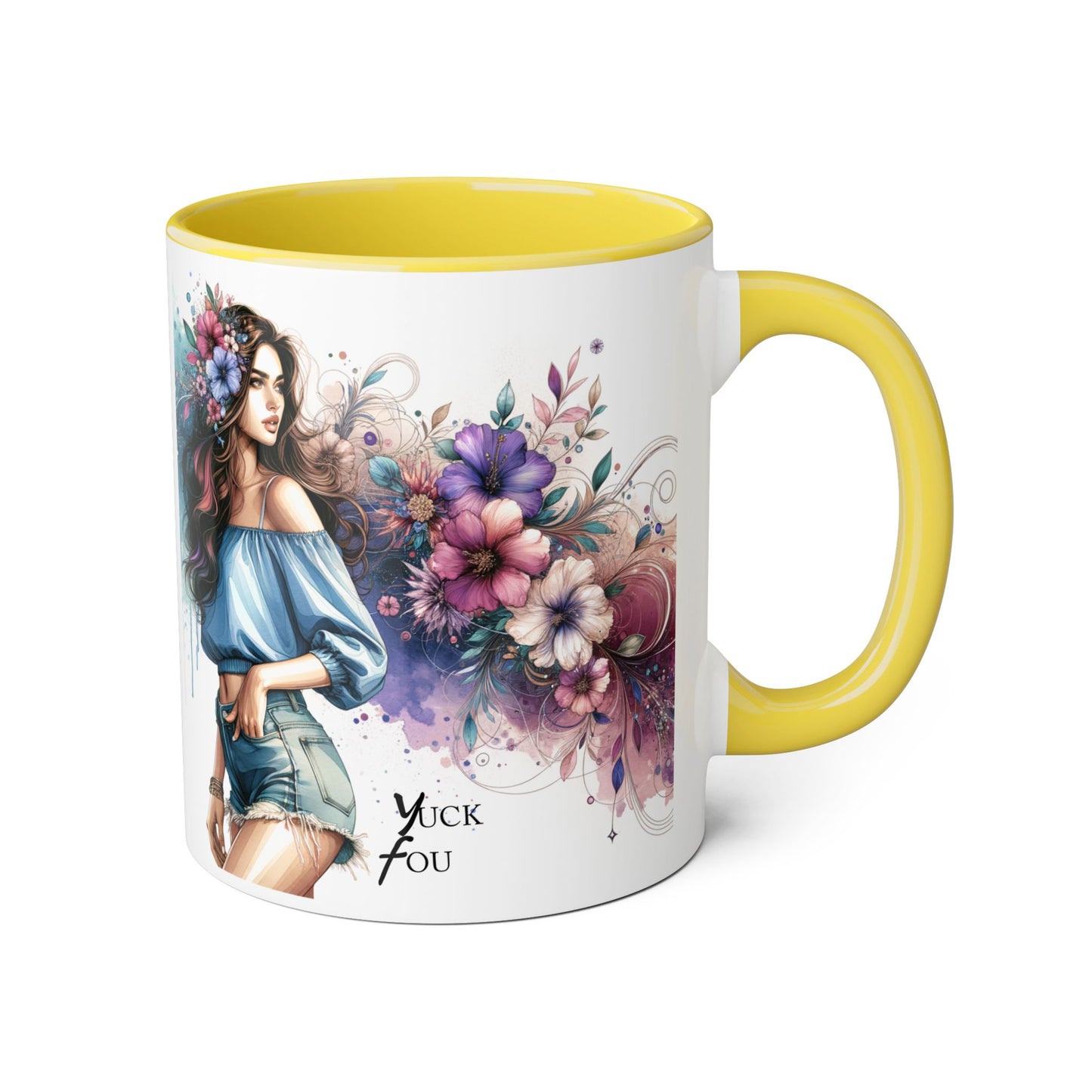 Yuck Fou Bohemian Floral Accent Mug, 11oz Coffee Cup for Art Lovers, Unique Gift for Birthdays, Mother's Day, Relaxation Tea, Decor