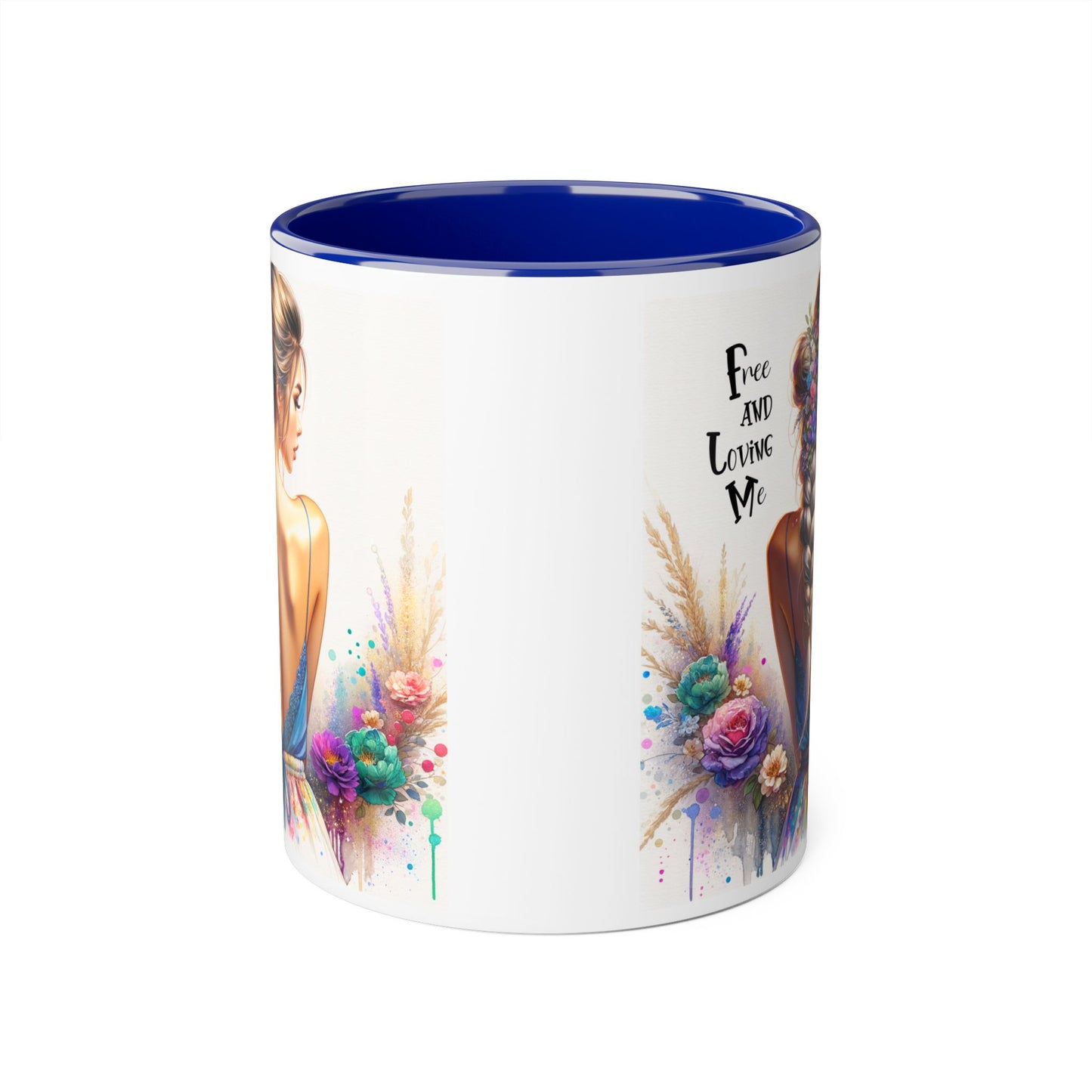 Free and Loving Me Floral Freedom Accent Mug - Inspirational Coffee Cup, Gift for Her, Artist Mug, Tea Lover's Cup, Home Decor