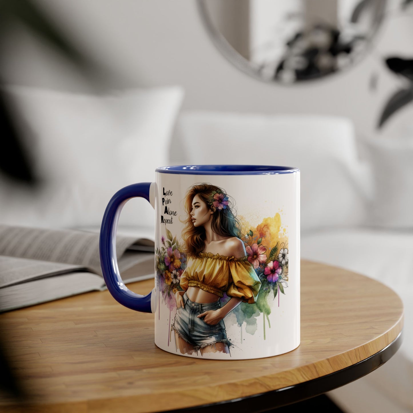 Colorful Floral Accent Mug - Love, Pain, Alone, Repeat Drinkware, Boho Coffee Cup, Gift for Her, Inspirational Mug