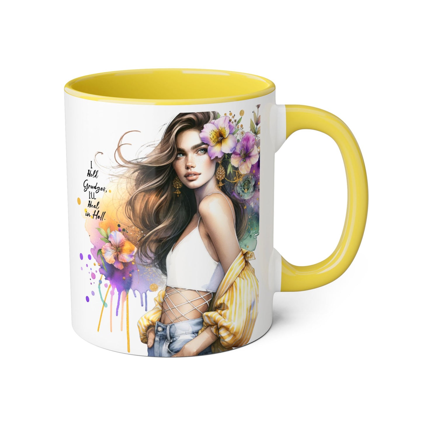 I Hold Grudges, I'll Heal in Hell  Humoristic Elegant Floral Accent Mugs for Coffee Lovers, Inspirational Gift, Home Decor, Unique Art, Perfect for Birthdays, Mother’s Day