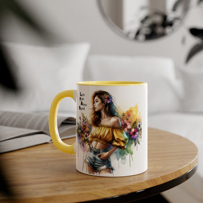 Colorful Floral Accent Mug - Love, Pain, Alone, Repeat Drinkware, Boho Coffee Cup, Gift for Her, Inspirational Mug