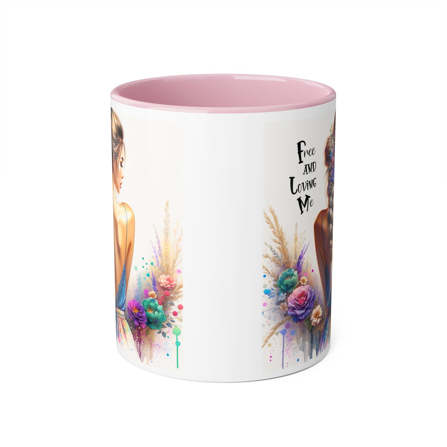 Free and Loving Me Floral Freedom Accent Mug - Inspirational Coffee Cup, Gift for Her, Artist Mug, Tea Lover's Cup, Home Decor