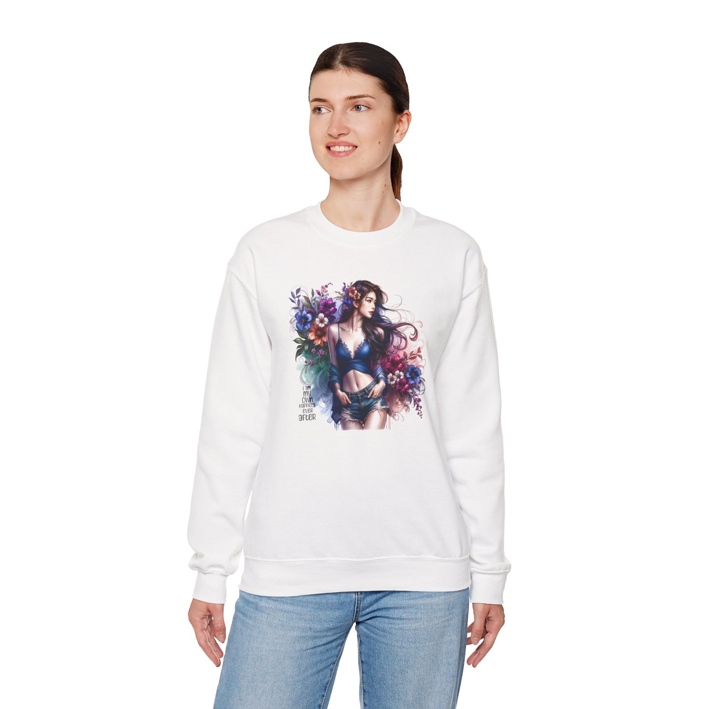 I Am My Own Happily Ever After  Floral Goddess Sweatshirt | Cozy Unisex Crewneck | Perfect Gift for Fall/Winter, Artistic Apparel, Wall Art Sweatshirt, Everyday Wear
