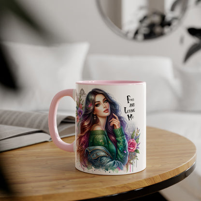 Bohemian Chic Accent Mug, Free and Loving Me 11oz Coffee Cup, Gifts for Her, Artistic Drinkware, Unique Home Decor, Floral Coffee Mug