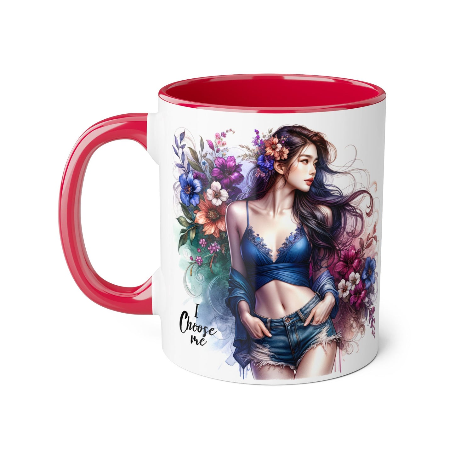 Floral Accent Mug, I Choose Me Design, Artistic Coffee Cup, Gift for Her, Home Décor, Tea Lover’s Essential