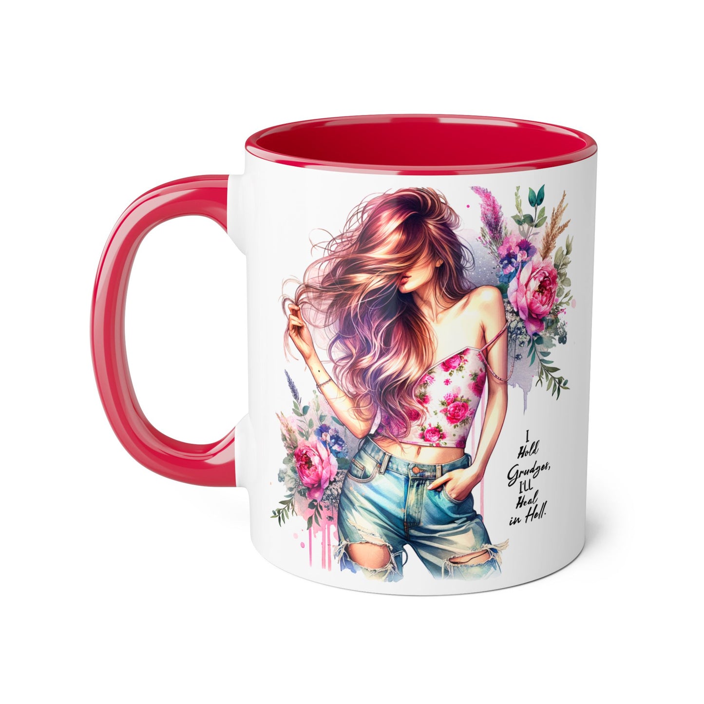 I Hold Grudges, I'll Heal in Hell  Humoristic Bohemian Floral Accent Mug - Drinkware for Tea Lovers, Coffee Enthusiasts, Gift for Friends, Home Decor, Artful Mugs