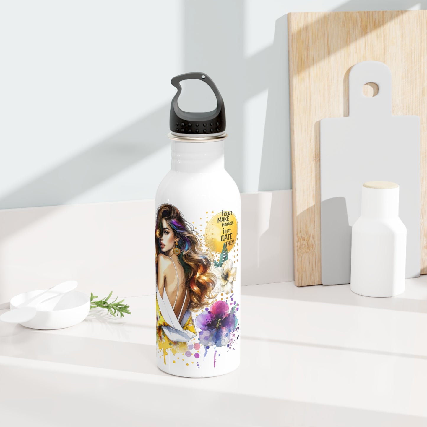 I Don't Make Mistakes, I Date Them Vibrant Stainless Steel Water Bottle, Colorful Travel Mug, Eco-Friendly Fitness Bottle, Artisanal Drinkware, Floral Design Hydration Bottle