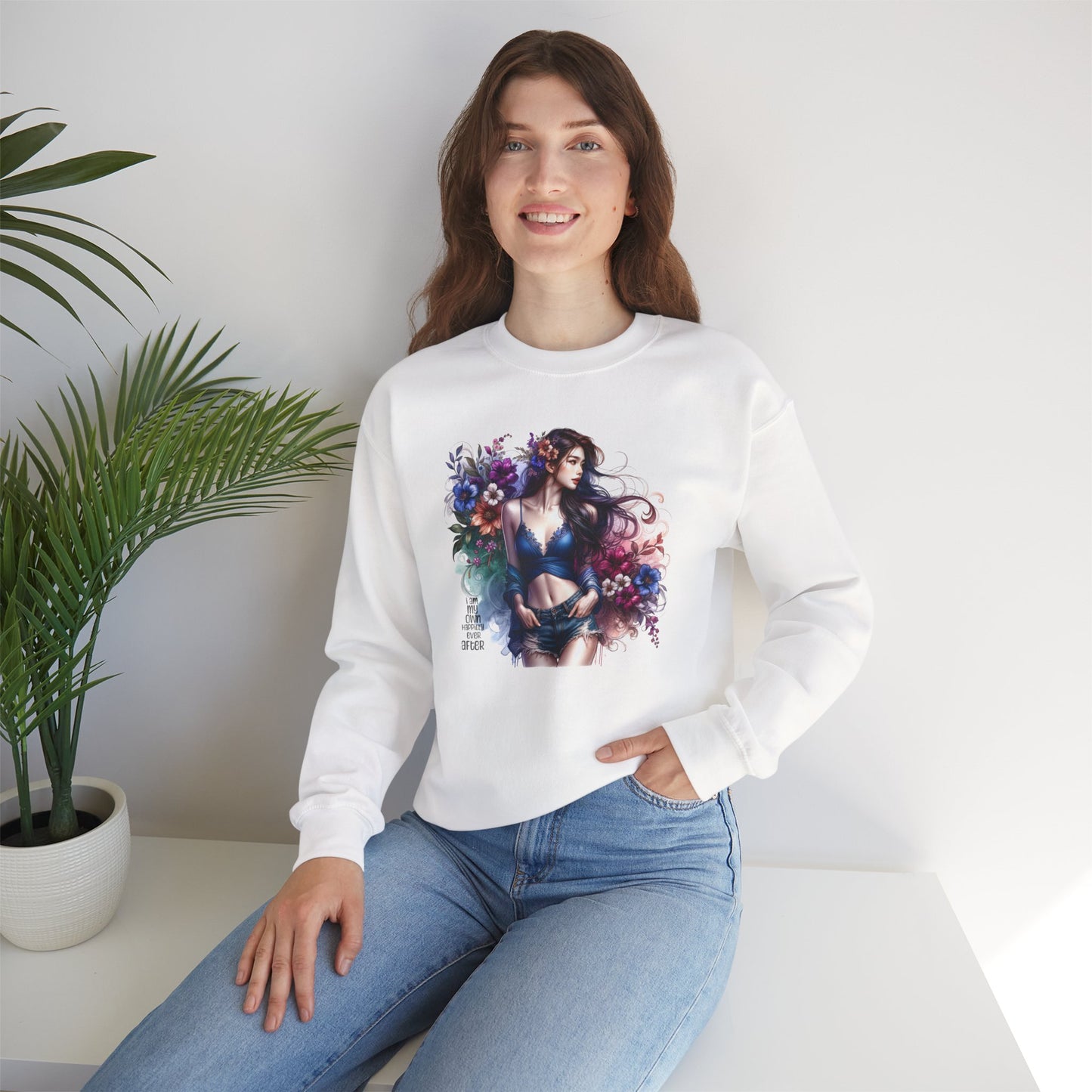 I Am My Own Happily Ever After  Floral Goddess Sweatshirt | Cozy Unisex Crewneck | Perfect Gift for Fall/Winter, Artistic Apparel, Wall Art Sweatshirt, Everyday Wear