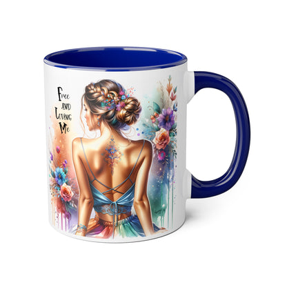 Artistic Floral Accent Mug, Free and Loving Me Ceramic Coffee Cup, Inspirational Gift, Unique Drinkware, Bohemian Style Mug