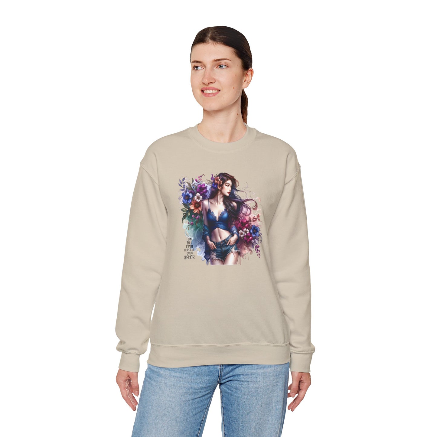 I Am My Own Happily Ever After  Floral Goddess Sweatshirt | Cozy Unisex Crewneck | Perfect Gift for Fall/Winter, Artistic Apparel, Wall Art Sweatshirt, Everyday Wear