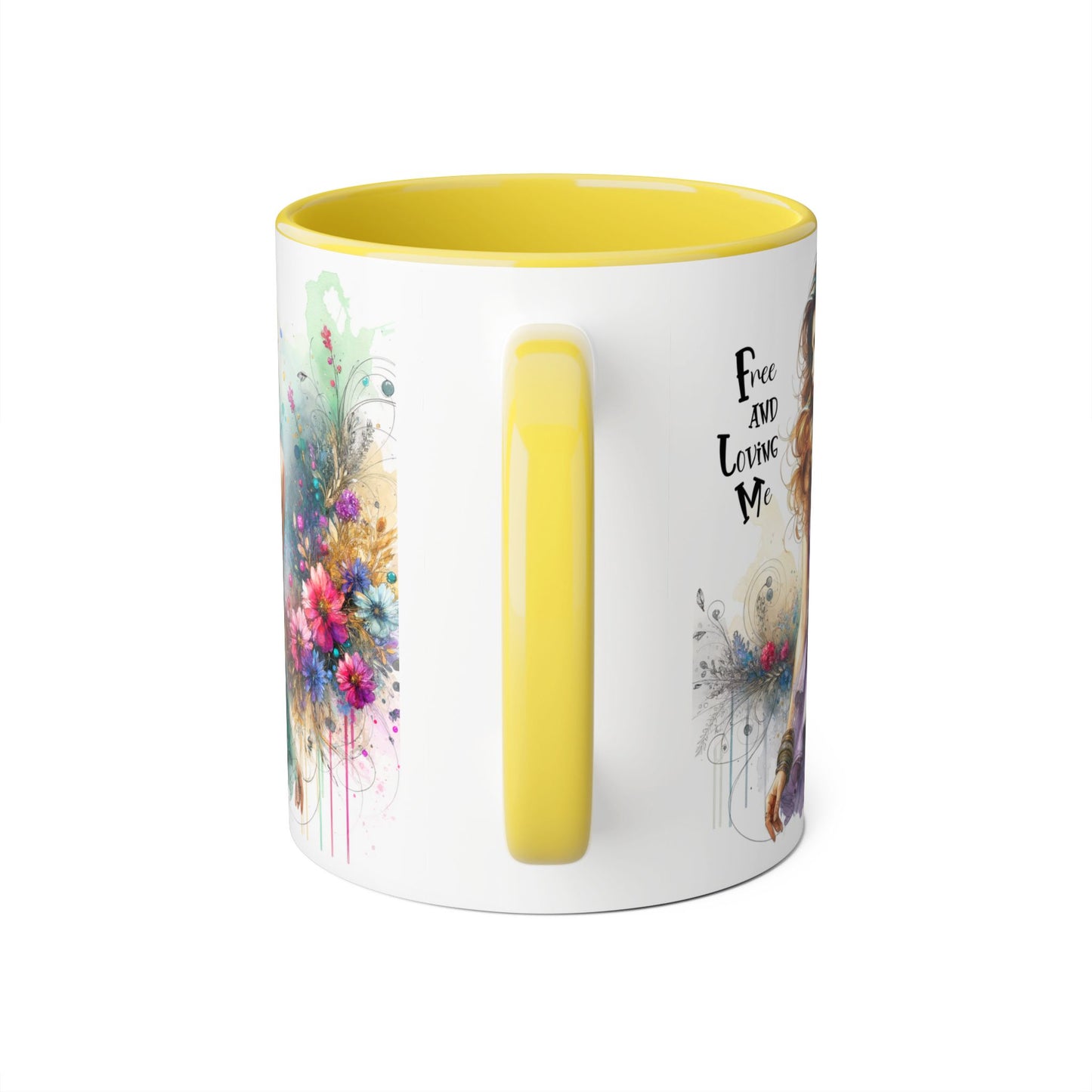 Artistic Floral Accent Mug - "Free and Loving Me" - Inspirational Coffee Cup, Gift for Her, Unique Home Decor, Special Occasion