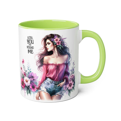 Lost You and Found Me Floral Beauty Accent Mug, Coffee Cup, Gift for Her, Inspirational Quote Mug, Artistic Drinkware, Home Decor