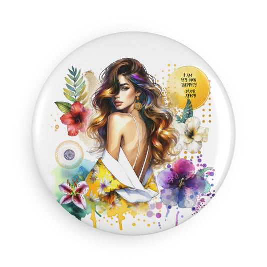 I Am My Own Happily Ever After Floral Inspirational Button Magnet, Female Empowerment Decor, Art Magnet, Gift for Her, Colorful Fridge Magnet
