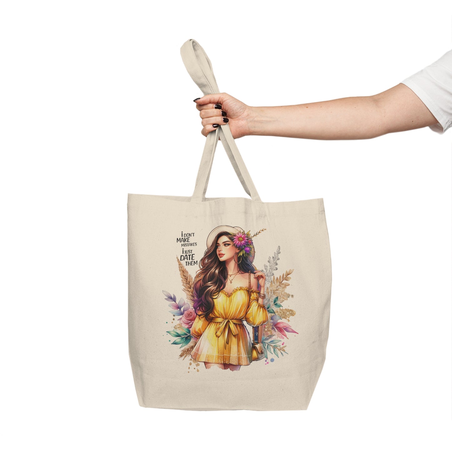I Don`t Make Mistakes, I Just Date Them Boho Floral Canvas Shopping Tote - Eco-Friendly Grocery Bag, Beach Tote, Market Bag, Gift for Her, Trendy Reusable Bag