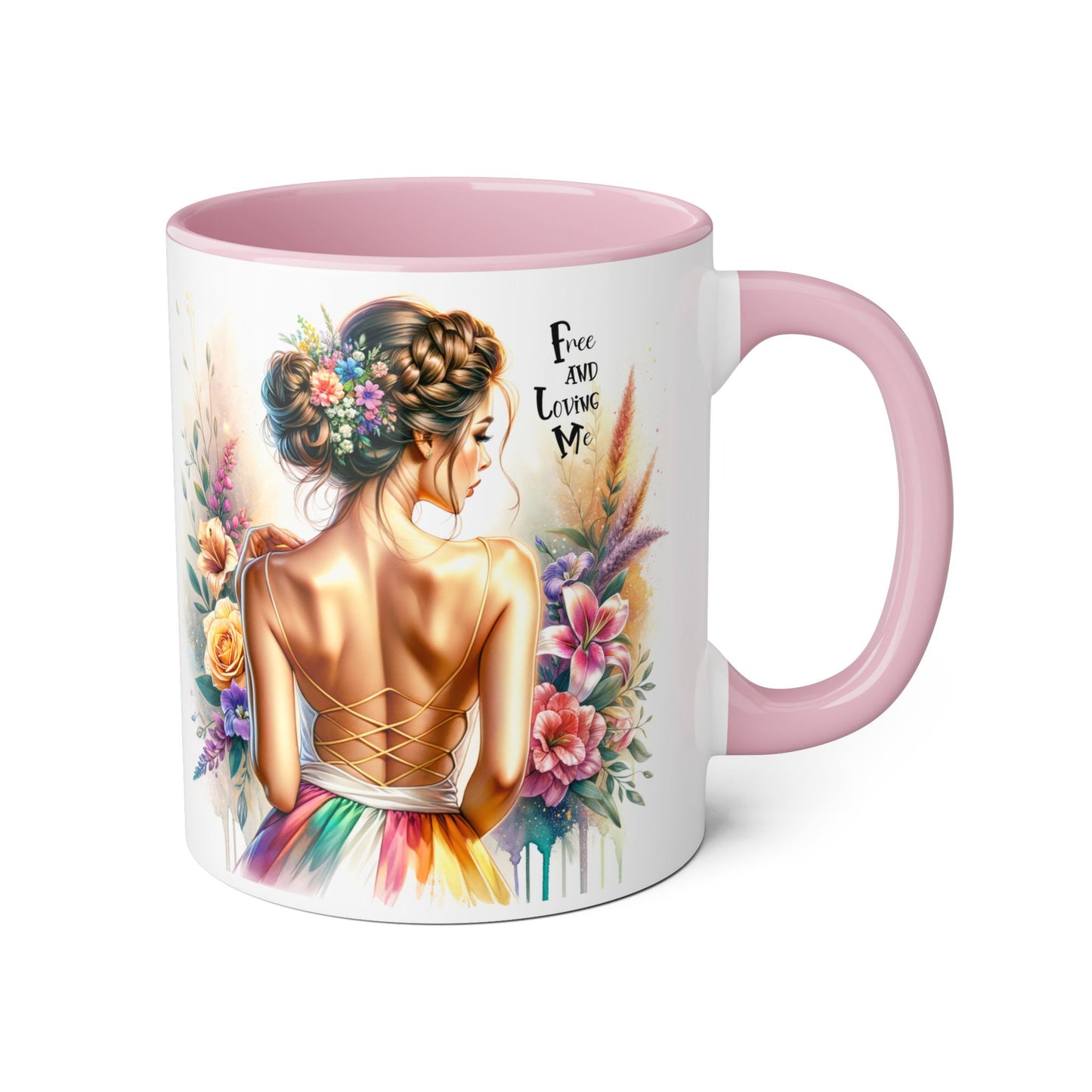 Free and Loving Me Empowering Quote Accent Mug, Inspirational Coffee Mug, Floral Design Mug, Unique Gift for Women, Motivational Drinkware