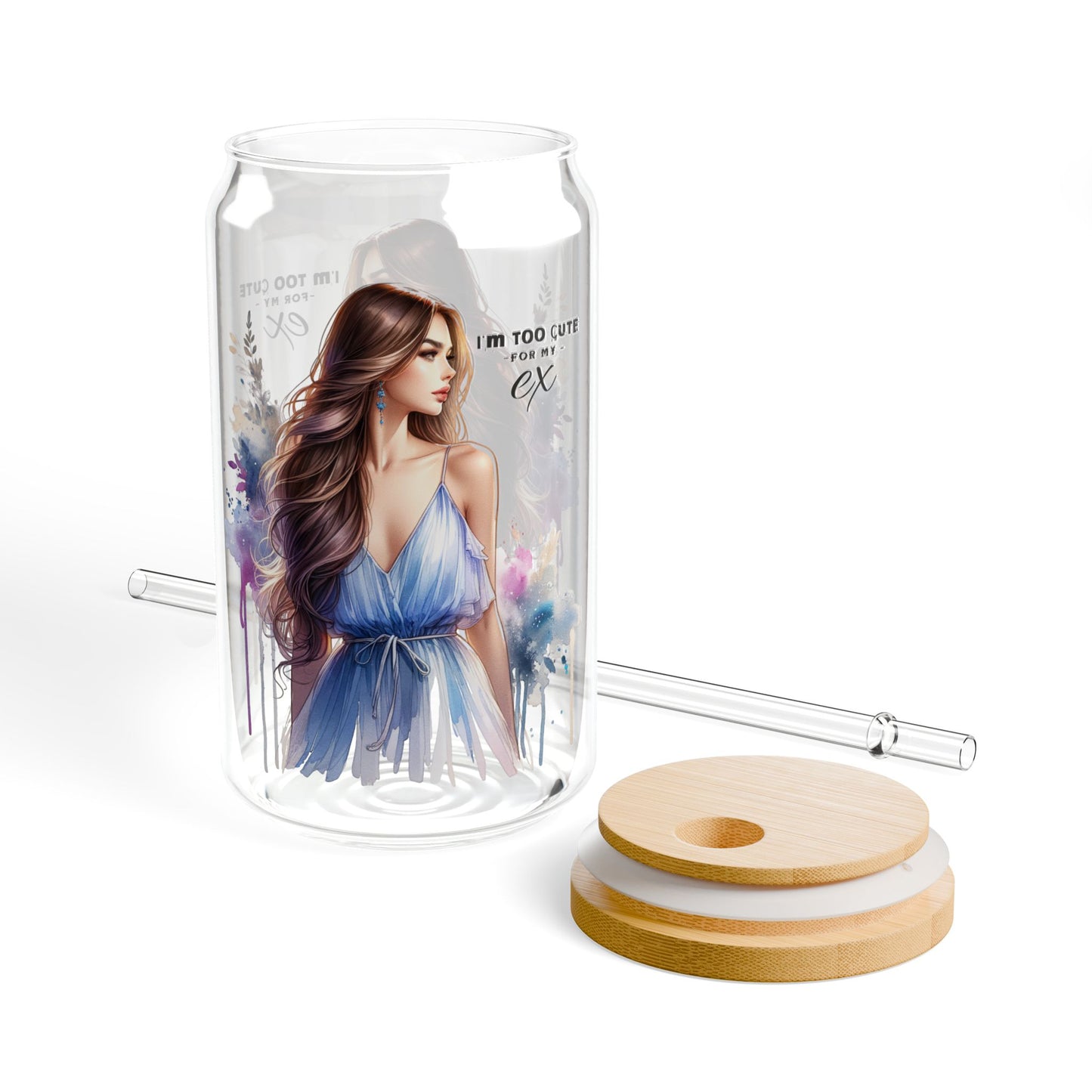 I'm Too Cute For My Ex Stylish Sipper Glass, 16oz - Perfect for Summer Drinks, Eco-Friendly Glass, Gift for Her, Floral Print, Water Bottle, Travel Mug