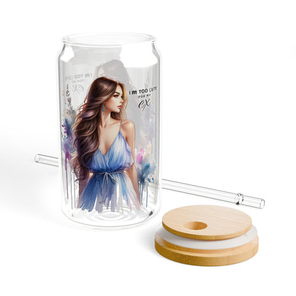 I'm Too Cute For My Ex Stylish Sipper Glass, 16oz - Perfect for Summer Drinks, Eco-Friendly Glass, Gift for Her, Floral Print, Water Bottle, Travel Mug