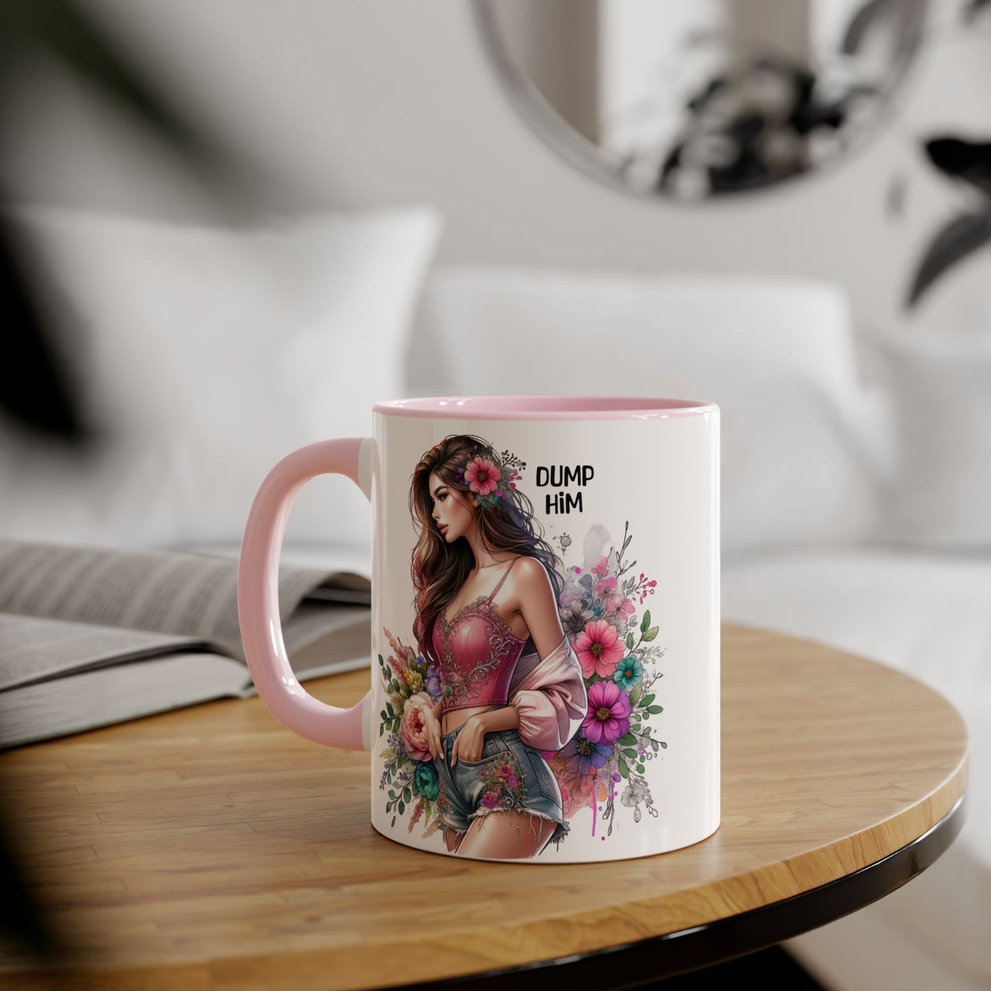 Floral Accent Mug, 11oz Coffee Cup, Gift for Her, Inspirational Mug, Cute Floral Design, Self-Love Coffee Mug