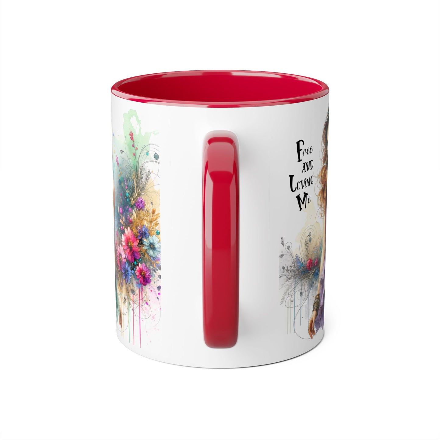 Artistic Floral Accent Mug - "Free and Loving Me" - Inspirational Coffee Cup, Gift for Her, Unique Home Decor, Special Occasion