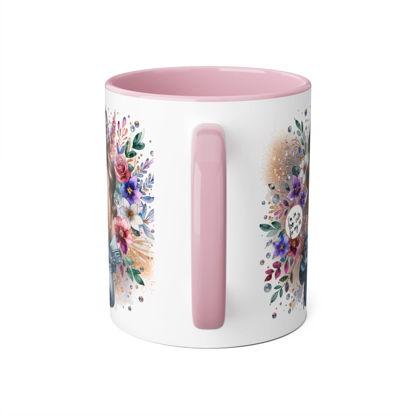 I'm Too Cute For My Ex Floral Accent Mug with Boho Design, Coffee Lover Gift, Tea Cup, Artful Beverage Holder, Personalized Drinkware