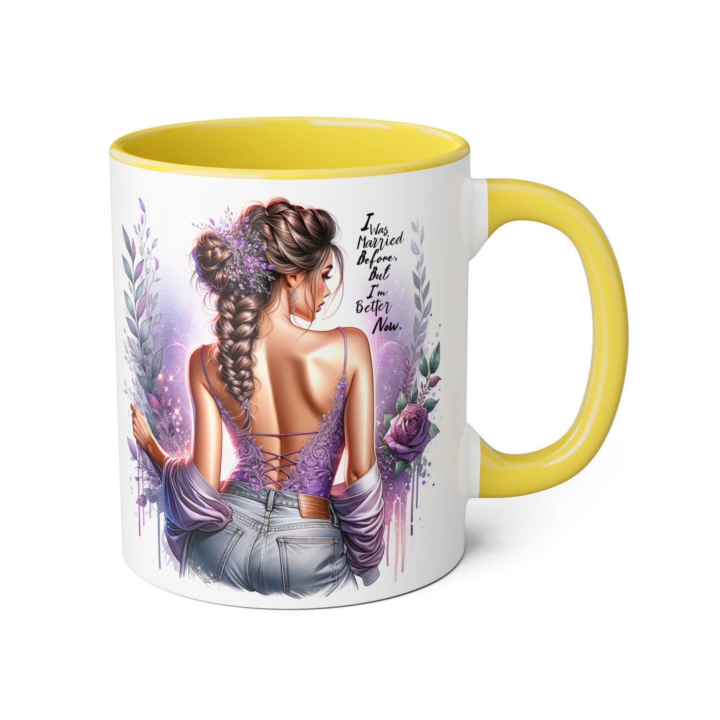 I Was Married Before But I'm Better Now Humoristic Elegant Art Mug, Inspirational Coffee Cup, Stylish Beverage Holder, Gift for Her, Floral Decor