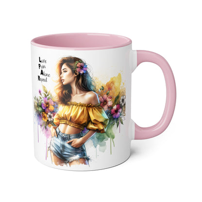 Colorful Floral Accent Mug - Love, Pain, Alone, Repeat Drinkware, Boho Coffee Cup, Gift for Her, Inspirational Mug