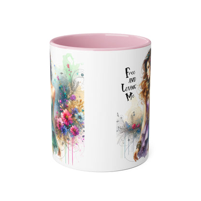 Artistic Floral Accent Mug - "Free and Loving Me" - Inspirational Coffee Cup, Gift for Her, Unique Home Decor, Special Occasion