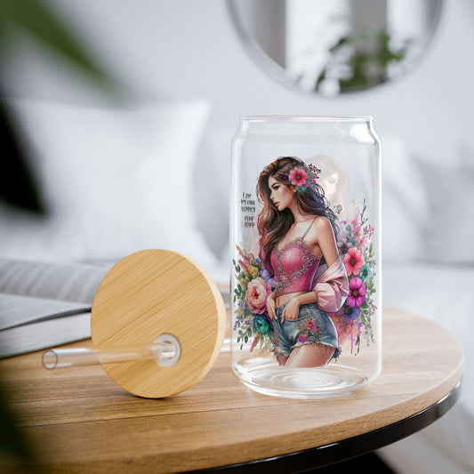 I Am My Own Happily Ever After Floral Art Sipper Glass - 16oz Eco-Friendly Beverage Container with Straw