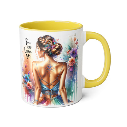 Artistic Floral Accent Mug, Free and Loving Me Ceramic Coffee Cup, Inspirational Gift, Unique Drinkware, Bohemian Style Mug