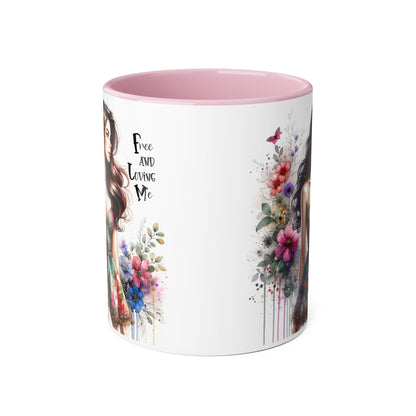 Free and Loving Me Floral Accent Mug | 11oz Coffee Cup, Gift for Her, Art Mug, Bohemian Decor, Flower Lover Gift