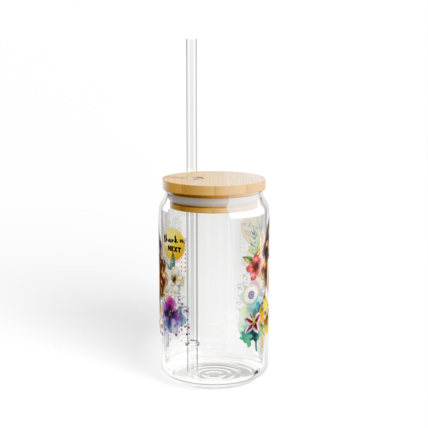 Thank U, Next Chic Sipper Glass | 16oz Floral Art Drinkware, Stylish Water Bottle, Eco-Friendly Straw Cup, Gift for Her, Tropical Vibes