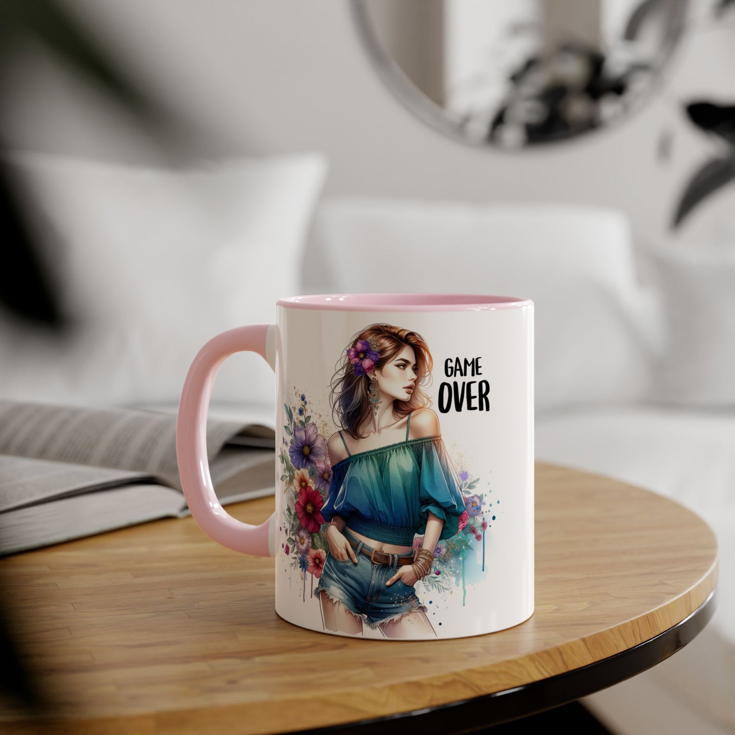 Vibrant Game Over Accent Mug - Floral Design, 11oz Coffee Cup, Unique Gift, for Gamers, Birthday or Everyday Use