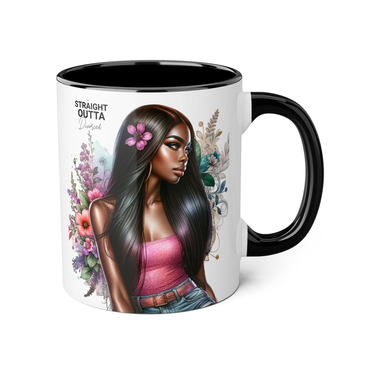 Straight Outta Divorced Humoristic Vibrant Statement Mug, Black Handle Coffee Cup, Floral Art Beverage Mug, Gift for Her, Inspirational Drinkware, Birthday Mug
