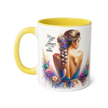 Money Can't Buy Happiness But It Can Buy Divorce Humoristic Empowering Accent Mugs | Inspirational Gift for Women | Unique Coffee Mug | Floral Design | Self-Care Reminder | Motivational Quote