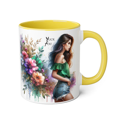 Yuck Fou Floral Accent Mug, 11oz Ceramic Coffee Cup, Inspirational Gift, Home Decor, Unique Art Mug, Perfect for Coffee Lovers
