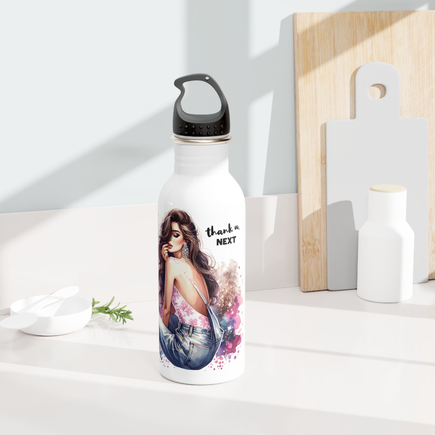 Thank U, Next Glamorous Water Bottle, Stylish Drinkware for Her, Trendy Gift, Eco-Friendly Travel Accessories, Personalized Hydration