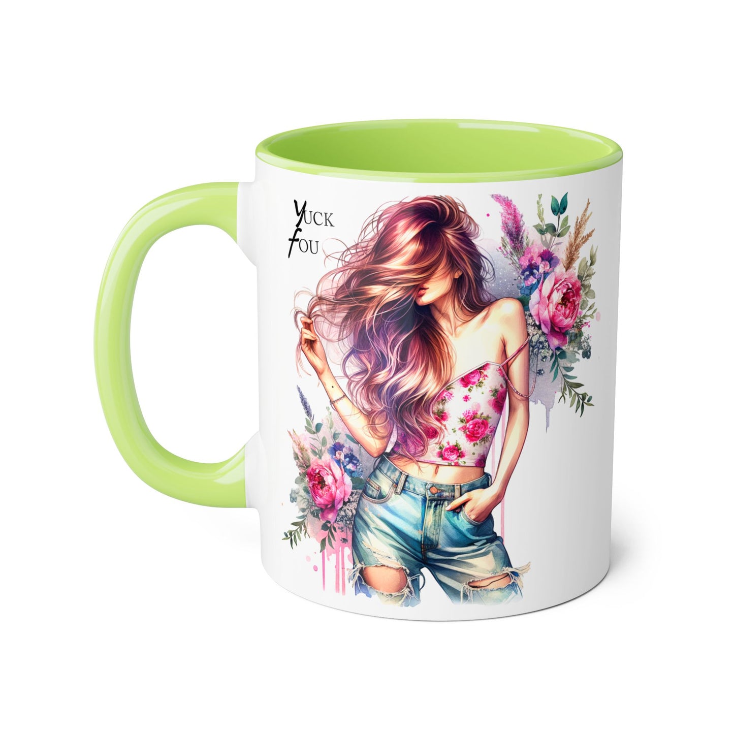 Yuck Fou Stylish Flower Girl Mug, Floral Coffee Cup, Boho Drinkware, Gift for Her, Artful Tea Mug