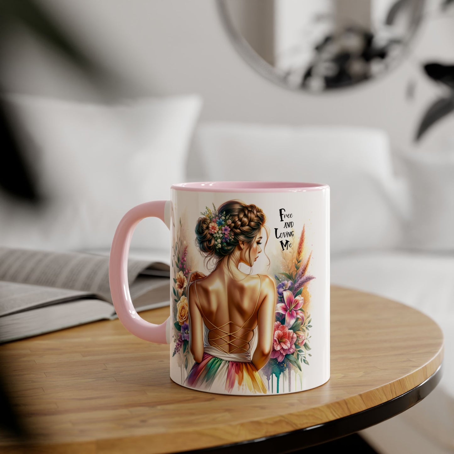 Free and Loving Me Empowering Quote Accent Mug, Inspirational Coffee Mug, Floral Design Mug, Unique Gift for Women, Motivational Drinkware